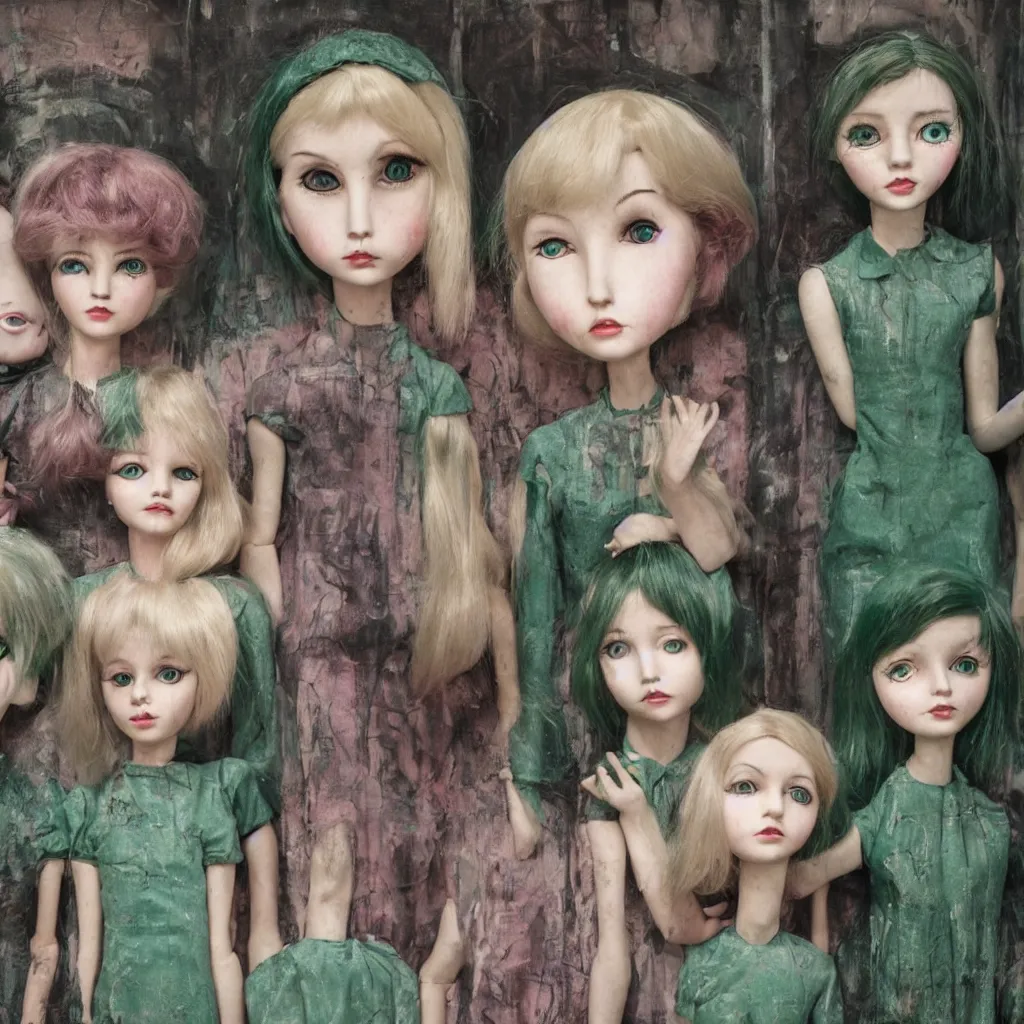 Prompt: animatronic dolls on the subway by margaret keane, 1 9 6 0 s, vaporwave, glass eyes, real hair, dimly lit, distressed venetian green plaster walls, liminal space, haunting atmosphere, gothic, photorealistic, hyperdetailed 3 d matte painting, hyperrealism, hyperrealistic, cinematic, silent hill, horror style, unrealengine octane render, 8 k