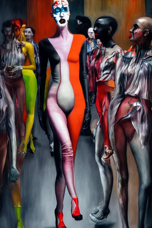 Image similar to crazy fashion catwalk, latex, constructivism, freak show, one model, crazy clothes, biopunk style, horror, hauntingly surreal, highly detailed painting by francis bacon, edward hopper, adrian ghenie, gerhard richter, and james jean 4 k