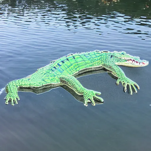 Prompt: a transparent, aluminum, alligator in the water with Skylar
