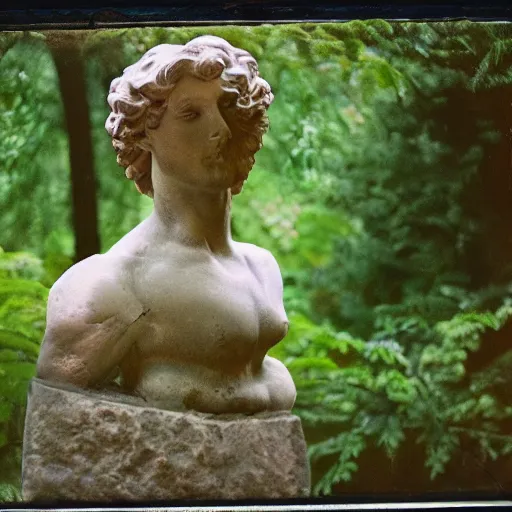 Image similar to a close-up color studio photo of an antic marble statue of Evgeniy Shwartz, surrounding by foliage, dreamy autochrome pinhole photography,