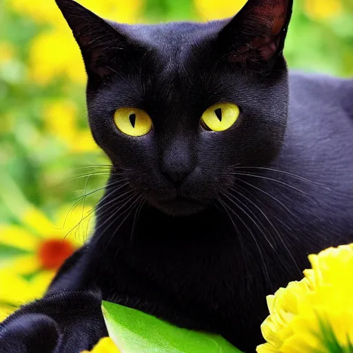 Prompt: yellow flower cat, black bombay cat, happy, cheery, garden, smile