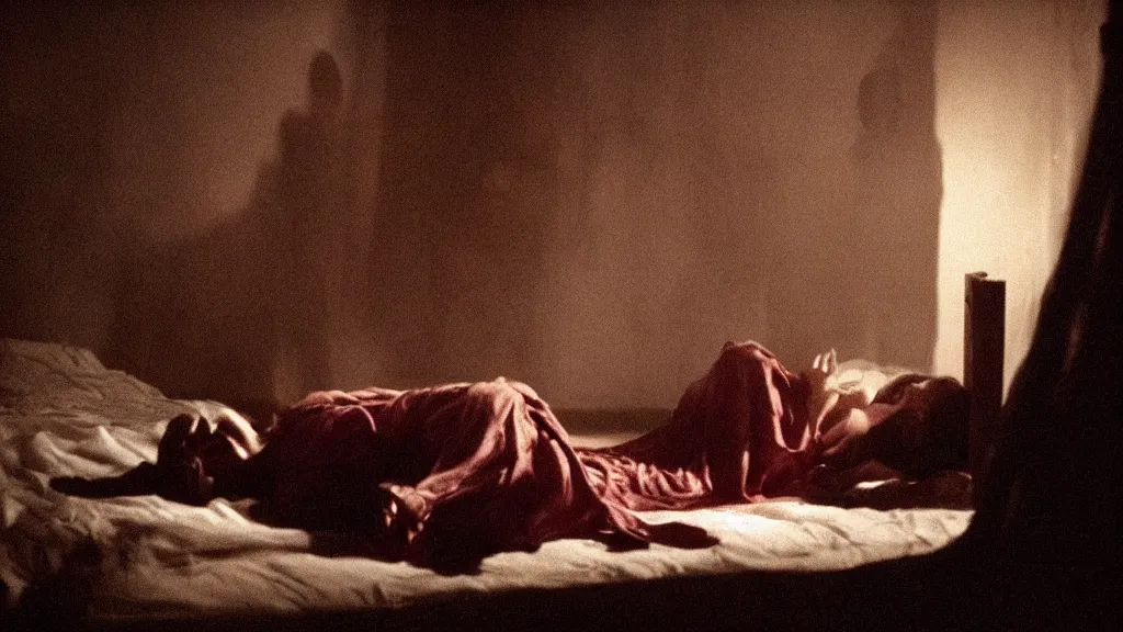 Image similar to movie still of a girl and a demon sleep paralysis, cinematic composition, cinematic light, criterion collection, by edgar allan poe