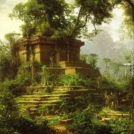 Image similar to aztec temple in the jungle overgrown with vegetation, painting by andreas achenbach