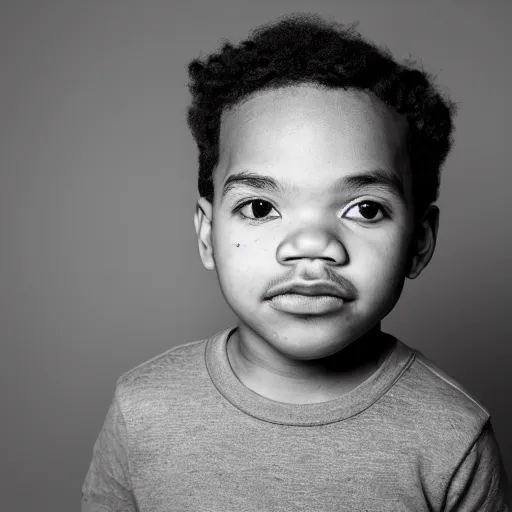 Image similar to the face of young chance the rapper at 1 years old, black and white portrait by julia cameron, chiaroscuro lighting, shallow depth of field, 8 0 mm, f 1. 8