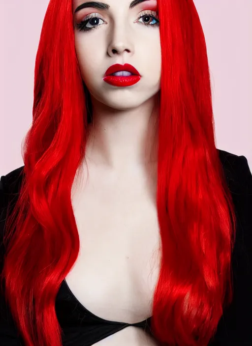 Image similar to ava max bright red hair photographed by charlotte rutherford, canon, highly realistic. high resolution. highly detailed. dramatic. 8 k. 4 k.