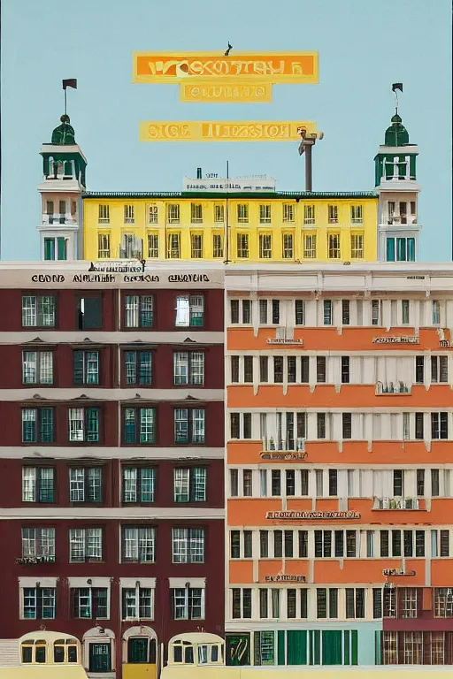 Image similar to scene from wes anderson factory building by helen lundeberg