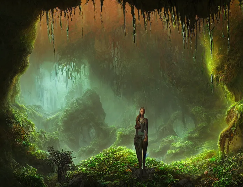 Prompt: a woman in a lovecraftian eldritch cave with crystals and lush vegetation. this airbrush painting by the award - winning concept artist has dramatic lighting, an interesting color scheme and great sense of depth.