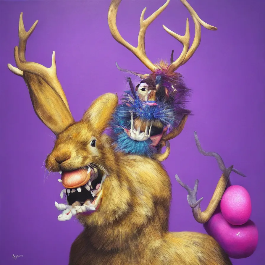 Image similar to rare hyper realistic portrait painting by raden wijaya, studio lighting, brightly lit purple room, a blue rubber ducky with antlers laughing at a giant laughing rabbit with a clown mask