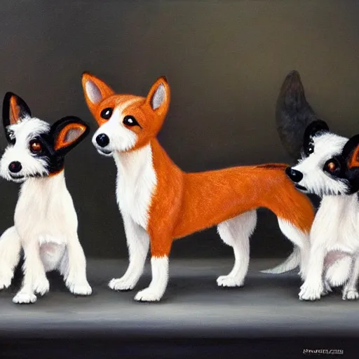 Image similar to 3 toy fox terriers flying a biplane, dog faces alert, beautiful painting, dappled fur pattern, style of tin tin