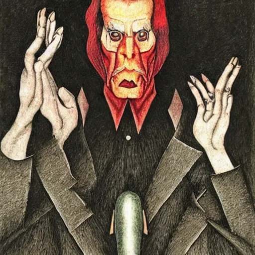 Image similar to Nick Cave in disguise as the devil, by Santiago Caruso, by M.C. Escher, by Kazimir Malevich, fairy-tale illustration style, very detailed, colorful, beautiful, eerie, surreal, psychedelic