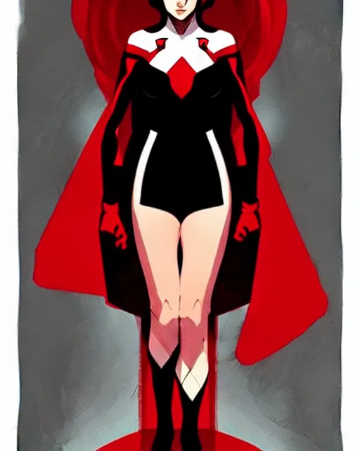 Image similar to rafael albuquerque comic art, peter mohrbacher, phil noto, artgerm, pretty evil elizabeth olson scarlet witch comics, black and red dress, symmetrical eyes