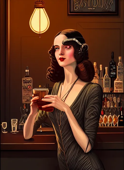 Prompt: hyperdetailed a young sophisticated long hair woman as a beautiful bar patron, cozy dimly-lit 1920s speakeasy bar, drinking at the bar, dystopian retro 1920s vibe, relaxed pose, wild, highly detailed, digital painting, artstation, sharp focus, illustration, detailed painterly digital art style by Dan Mumford, vibrant deep colors, 🍸, 8k octane beautifully detailed render, post-processing, extremely hyperdetailed, Art Nouveau, masterpiece