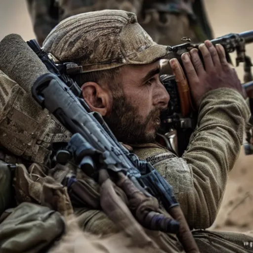 Image similar to kurdish ypg sniper in a movie directed by christopher nolan, movie still frame, promotional image, imax 7 0 mm footage, 8 k uhd