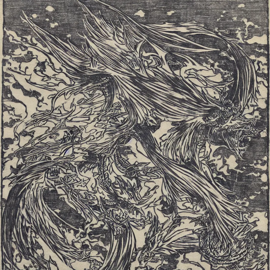 Prompt: Lucina from Fire Emblem as a dragon, traditional Japanese woodcut