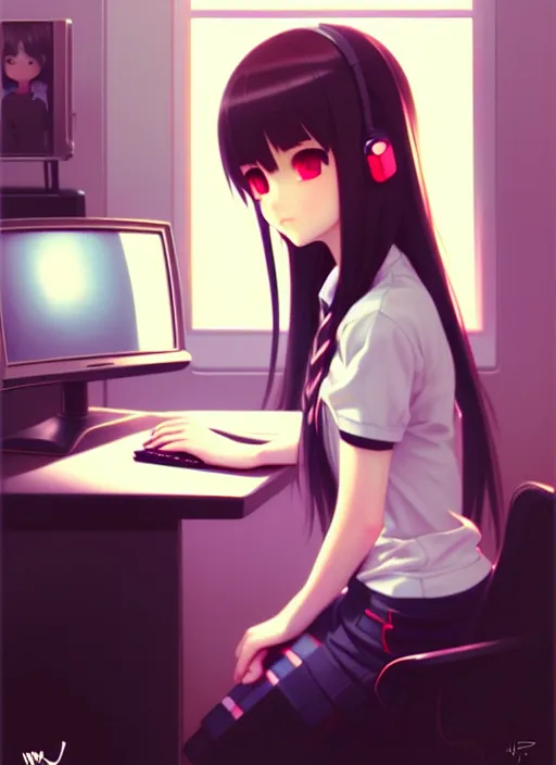 Image similar to a film still polaroid portrait of a young gamersgirl at her computer, detailed features, perfect art, busy room, hd, gapmoe yandere, trending on pixiv, focussed painted art, by wlop, ilya kuvshinov, artgerm, krenz cushart, pixiv