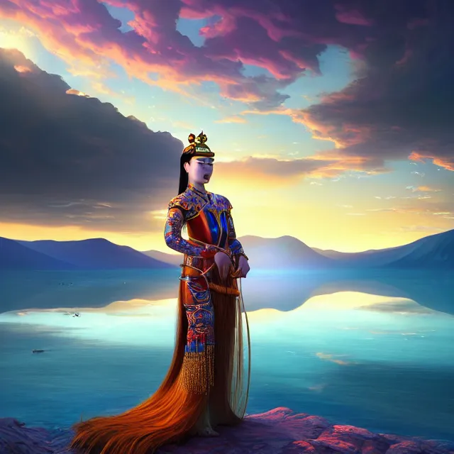 Prompt: beautiful 3 d render of a mongolian queen goddess in a sensual pose, atmospheric lighting, painted, intricate, volumetric lighting, beautiful, rich deep colours masterpiece, sharp focus, ultra detailed, in the style of dan mumford and marc simonetti, with lake baikal in the background, astrophotgraphy