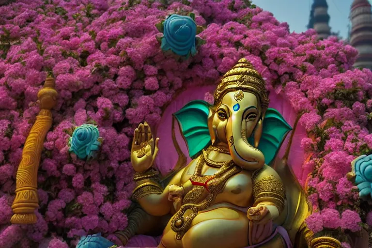 Image similar to beautiful futuristic new delhi, sharp sci - fi ganesha!! building, kalighat flowers, highly detailed cinematic, stephen shore & john j. park, soft morning light, wide shot, high angle, uhd 8 k, shallow depth of field