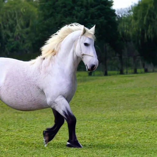 Image similar to a hyper obese horse. The horse is so fat that his legs can’t touch the ground