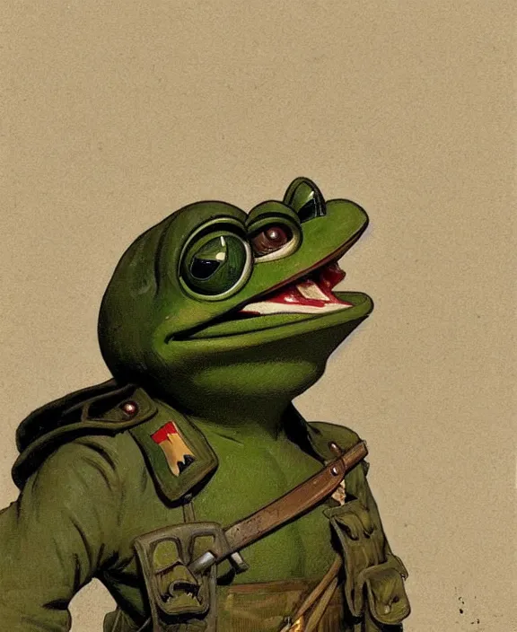Image similar to Pepe the Frog in WW1 military uniform, Schutztruppe, German Empire, WW1, Tooth Wu Artgerm Greg Rutkowski Alphonse Mucha Beeple artstation deviantart, 8k, fanart, extreme aesthetic