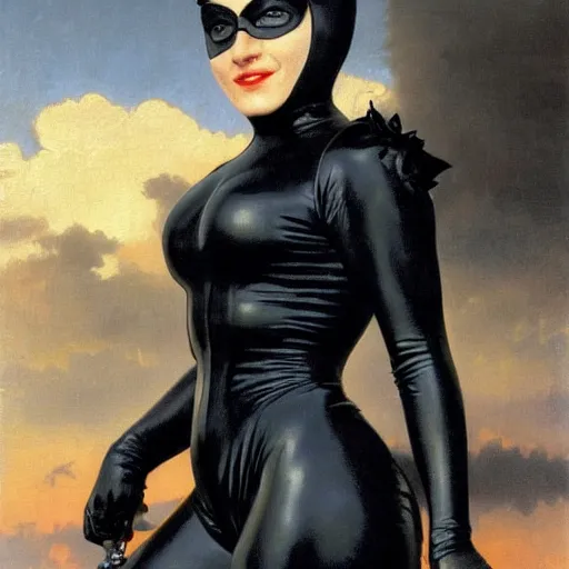 Image similar to Painting of Madonna as Catwoman from Batman Returns. Art by william adolphe bouguereau. During golden hour. Extremely detailed. Beautiful. 4K. Award winning.