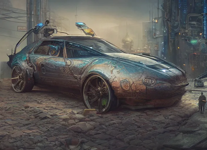 Image similar to detailed concept art illustration oil painting of a solarpunk muscle car in full intricate detail, ultra detailed, digital art, octane render, 4K, dystopian, micro details