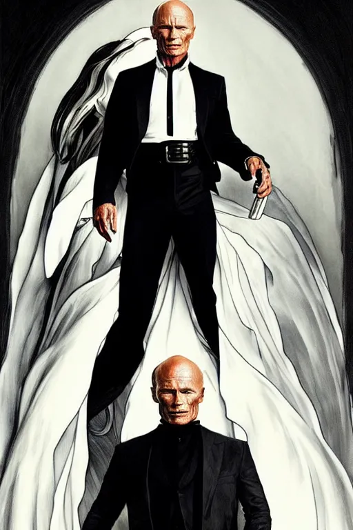 Image similar to ed harris as the man in black, westworld, wearing an all white outfit in the style of art by artgerm and greg rutkowski and alphonse mucha