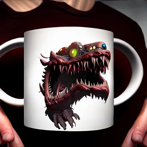 Prompt: monster mimic mug, digital art, many details, super realistic, greg rutkowski style, high quality, 8 k