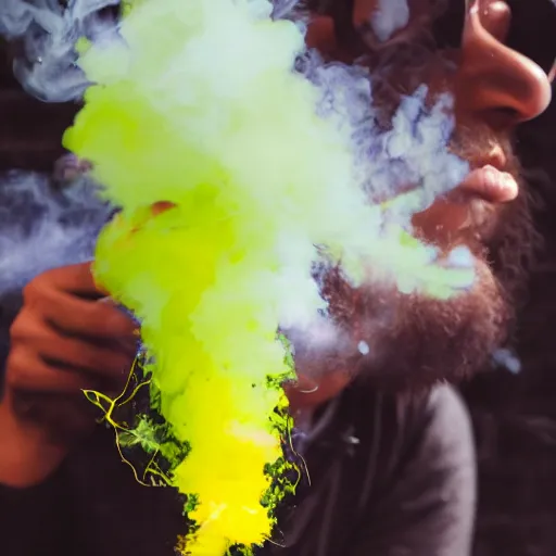 Image similar to astral man blowing yellow smoke, intoxicating a group of people