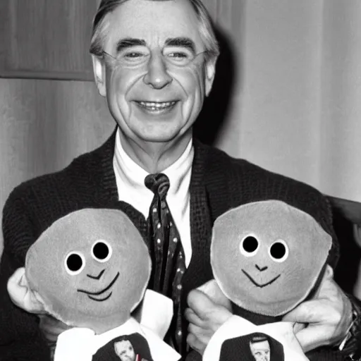 Image similar to Mr. Rogers surrounded by evil killer dolls