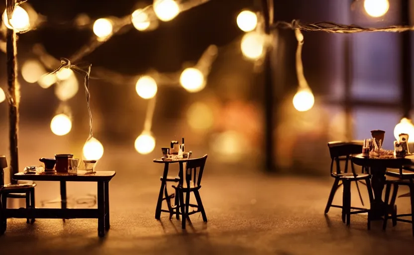 Image similar to mini cafe diorama macro photography, cafe for tiny animals, ambient, atmospheric photograph, string lights, romantic