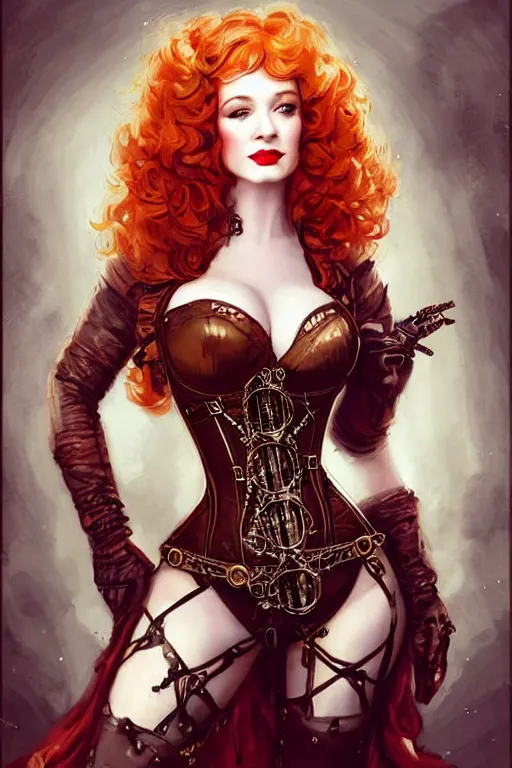 Image similar to three-quarters pose portrait of Christina Hendricks as a sensual Lady Mechanika, very beautiful young woman, ginger wavy hair, Victorian-era push-up underwire. Intricate, steampunk imagery themed, D&D!, fantasy style, sharp focus!, ultra detailed, art by Artgerm and Peter Andrew Jones, WLUP