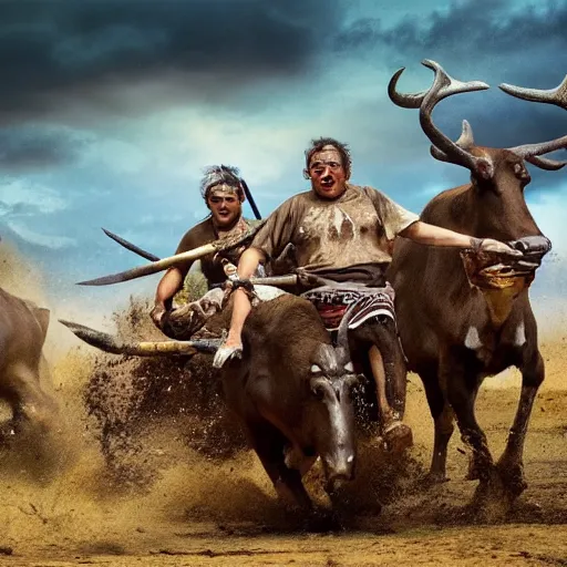 Image similar to ancient tribe hunting buffalo herd, ancient atv, chase scene, dynamic shot,