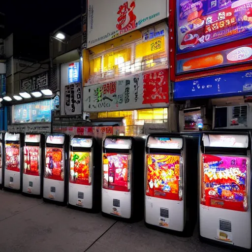 Image similar to a beautiful picture of japanese vending machines in a little tokyo street by night, trending on artstation