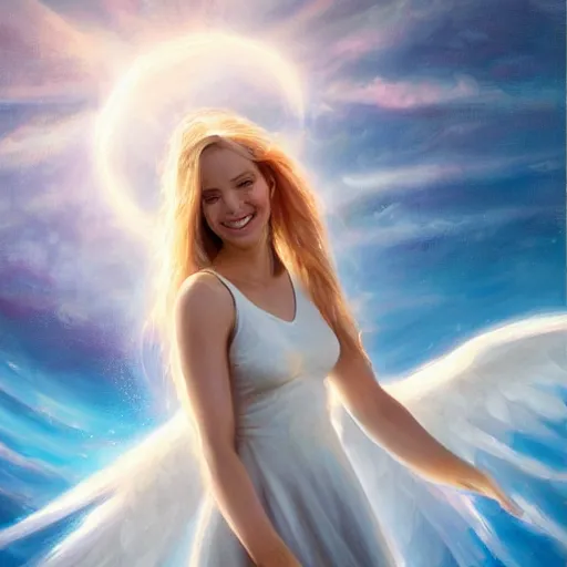 Image similar to a painting of an angel, a young woman with long blond hair and a halo wearing a black top and beautiful dress, smiling in heaven, jessica rossier