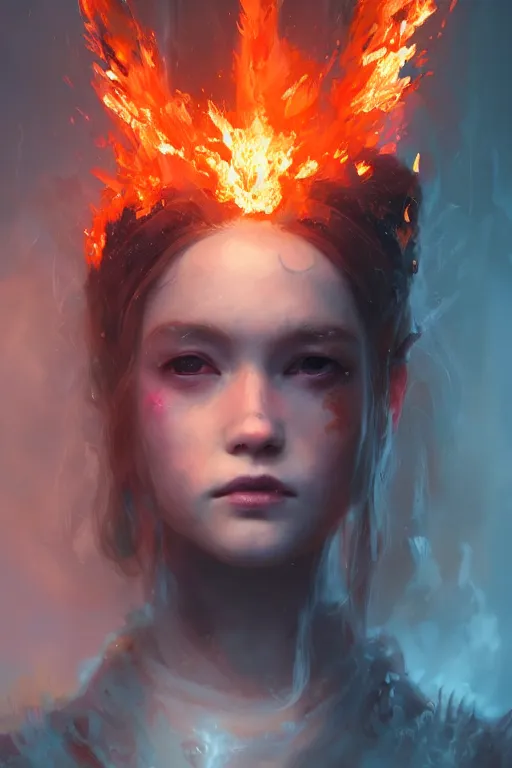 Image similar to a fancy portrait of a young Demon girl covered in flames by Greg Rutkowski, Sung Choi, Mitchell Mohrhauser, Maciej Kuciara, Johnson Ting, Maxim Verehin, Peter Konig, final fantasy , 8k photorealistic, cinematic lighting, HD, high details, atmospheric , trending on artstation