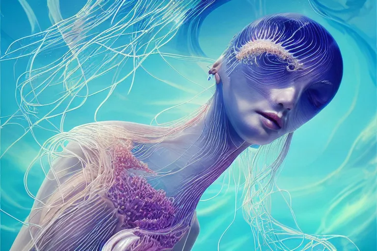 Image similar to jellyfish and sea creatures swimming around beautiful woman body, elegant, highly detailed, smooth, sharp focus, trippy, dmt, psychedelic, illustration, beautiful, geometric, trending on artstation, cinematic, artwork by WLOP