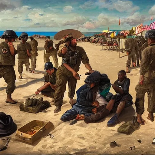 Image similar to rich drug dealers are arrested on the beach by the military, oil painting, highly detailed, 4 k