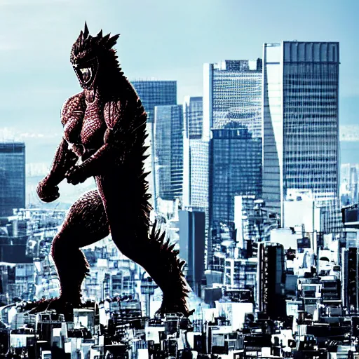 Image similar to giant hugh jackman rampaging through tokyo like godzilla, towering above the skyline
