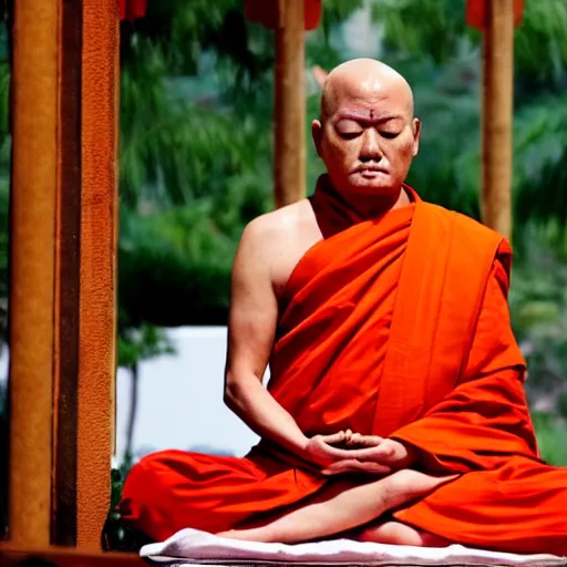 Image similar to a still photograph of Donald Trump meditating in a Buddhist Temple