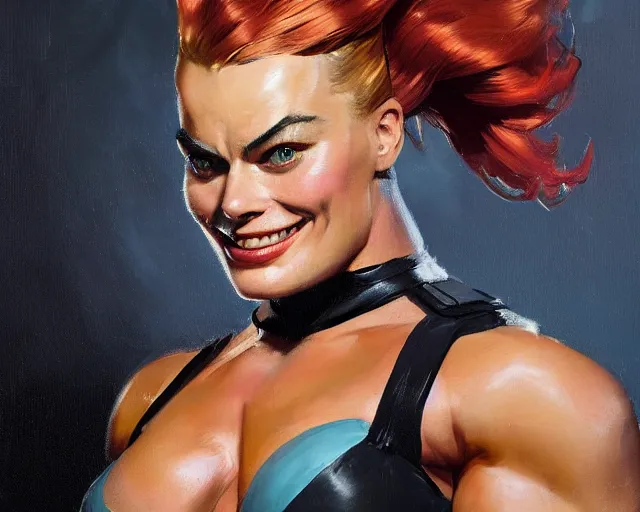 Image similar to greg manchess portrait painting of smiling margot robbie as beautiful thick female bodybuilder zarya from overwatch, medium shot, asymmetrical, profile picture, organic painting, sunny day, matte painting, bold shapes, hard edges, street art, trending on artstation, by huang guangjian and gil elvgren and sachin teng