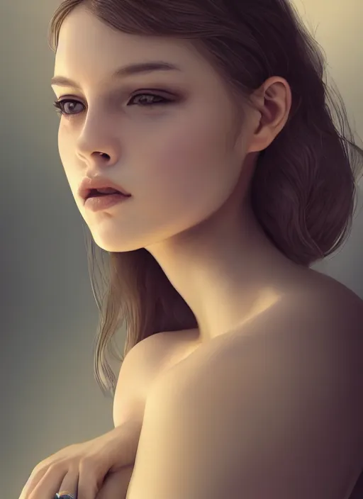 Image similar to a realistic photo portrait of beautiful 👧 with soft 👀 fashion modeling pose, full body, like a professional model, face by WLOP, body by Alex Flores, face symmetry, style of Dan Luvisi, and Charlie Bowater, artstation, rendered, cinematic color grading, muted colors, soft light, rule of thirds, cinematic