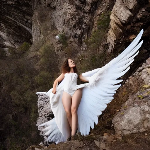 Prompt: A angelic woman with big wings flying out of a dark ravine into the sunlight
