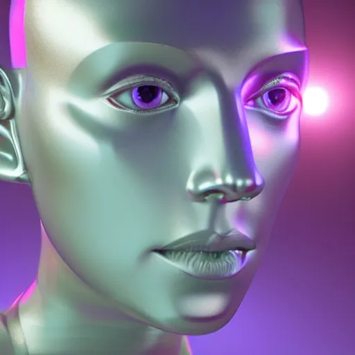 Image similar to 3d render of holographic human robotic head made of glossy iridescent, surrealistic 3d illustration of a human face non-binary, non binary model, 3d model human, cryengine, made of holographic texture, holographic material, holographic rainbow, concept of cyborg and artificial intelligence