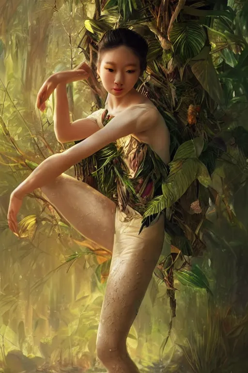 Prompt: stunningly beautiful, asian prima ballerina in jungle, symmetrical face, golden hour, smooth, focus, highly detailed, hyper realistic, dramatic lighting, elegant, intricate, concept art, art by wlop, mars ravelo, greg rutowski