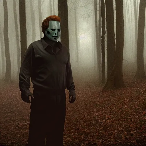 Prompt: He still image of Michael Myers in the woods foggy very detailed 4K quality super realistic