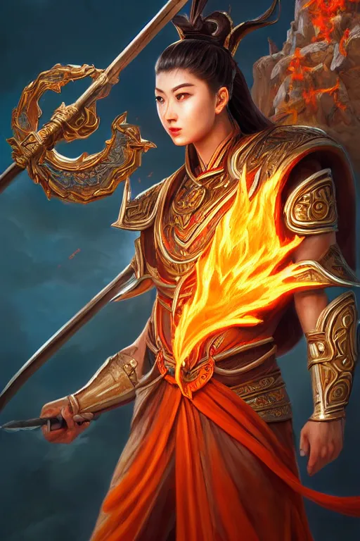 Image similar to a masterpiece portrait of nezha, legendary god holding spear, flame everywhere, epic pose, fantasy character portrait, closeup shot, hyper detailed, digital painting, 8 k realistic, trending on artstation, sharp focus, dof, by fenghua zhong, artgerm, ne zha from smite, jeff easley, raymond swanland