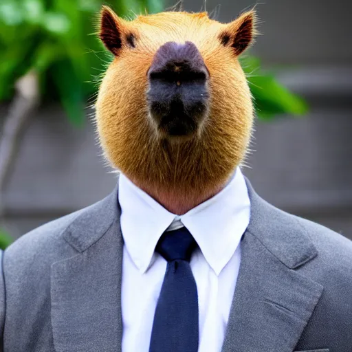 Image similar to capybara head, a man wearing a suit capybara head (smoking cigar)