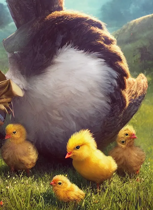 Image similar to a hen and her two cute small yellow chicks on a meadow, mama movie poster by nuri iyem, james gurney, james jean, greg rutkowski, anato finnstark. pixar. hyper detailed, 5 0 mm, award winning photography, perfect faces