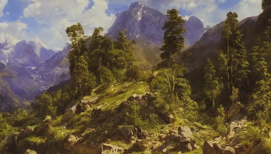 Image similar to a beautiful mountain valley by eugene von guerard, ivan shishkin, john singer sargent