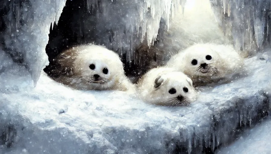 Image similar to highly detailed painting of cute furry white baby seals cuddled up inside snowy fantasy ice crystal cavern by william turner, by greg rutkowski, by william constable, thick brush strokes and visible paint layers, 4 k resolution